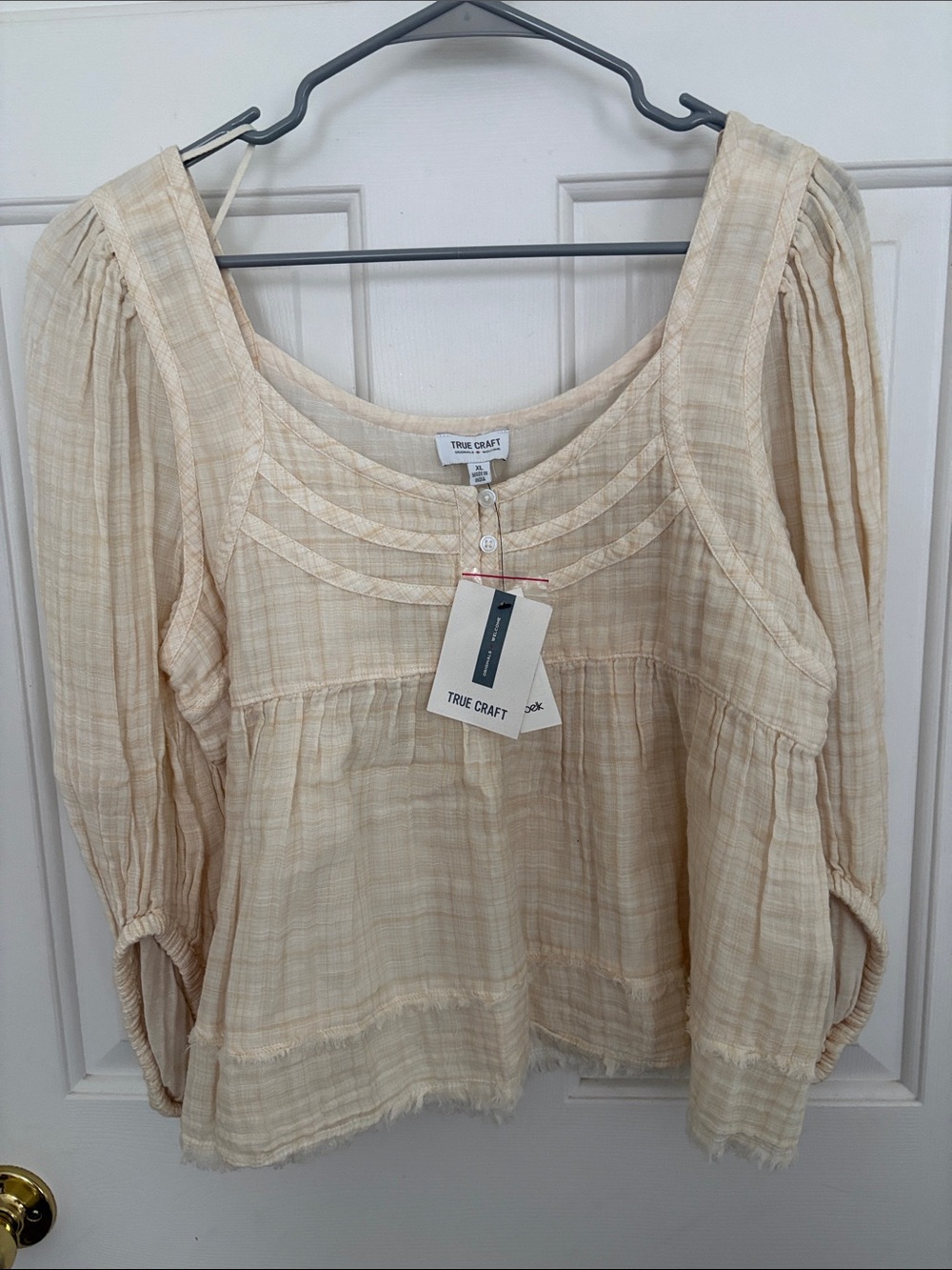 True Craft Cream Textured Peasant Blouse with Pintuck Detail